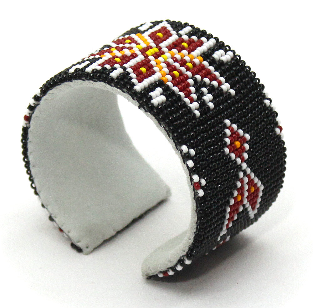 Handmade Black Red White Beaded Flower Pattern Cuff Bracelet, Adjustable and Bendable