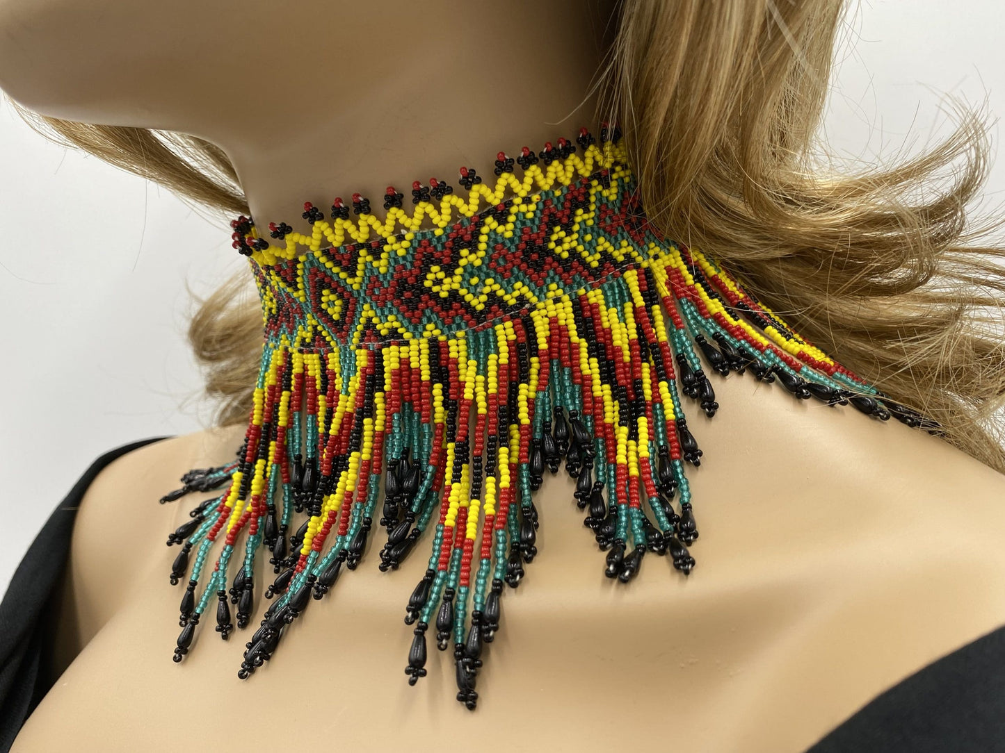 Vibrant Black, Yellow, and Red Beaded Choker