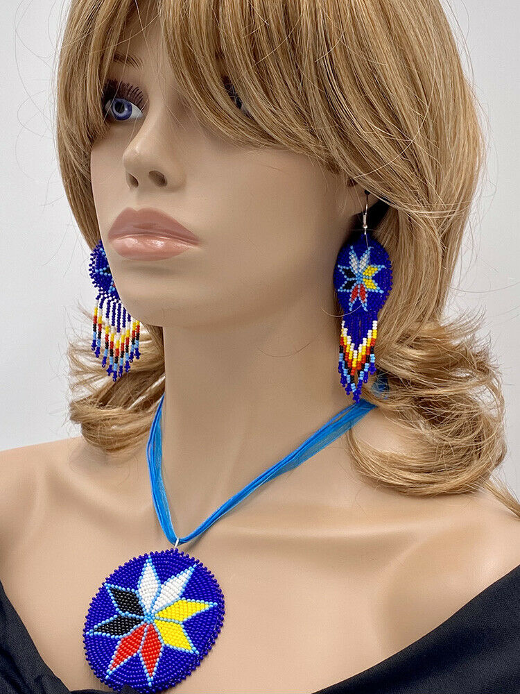 Handmade Beaded Deep Blue Medallion 4 Directions Necklace Earrings Set