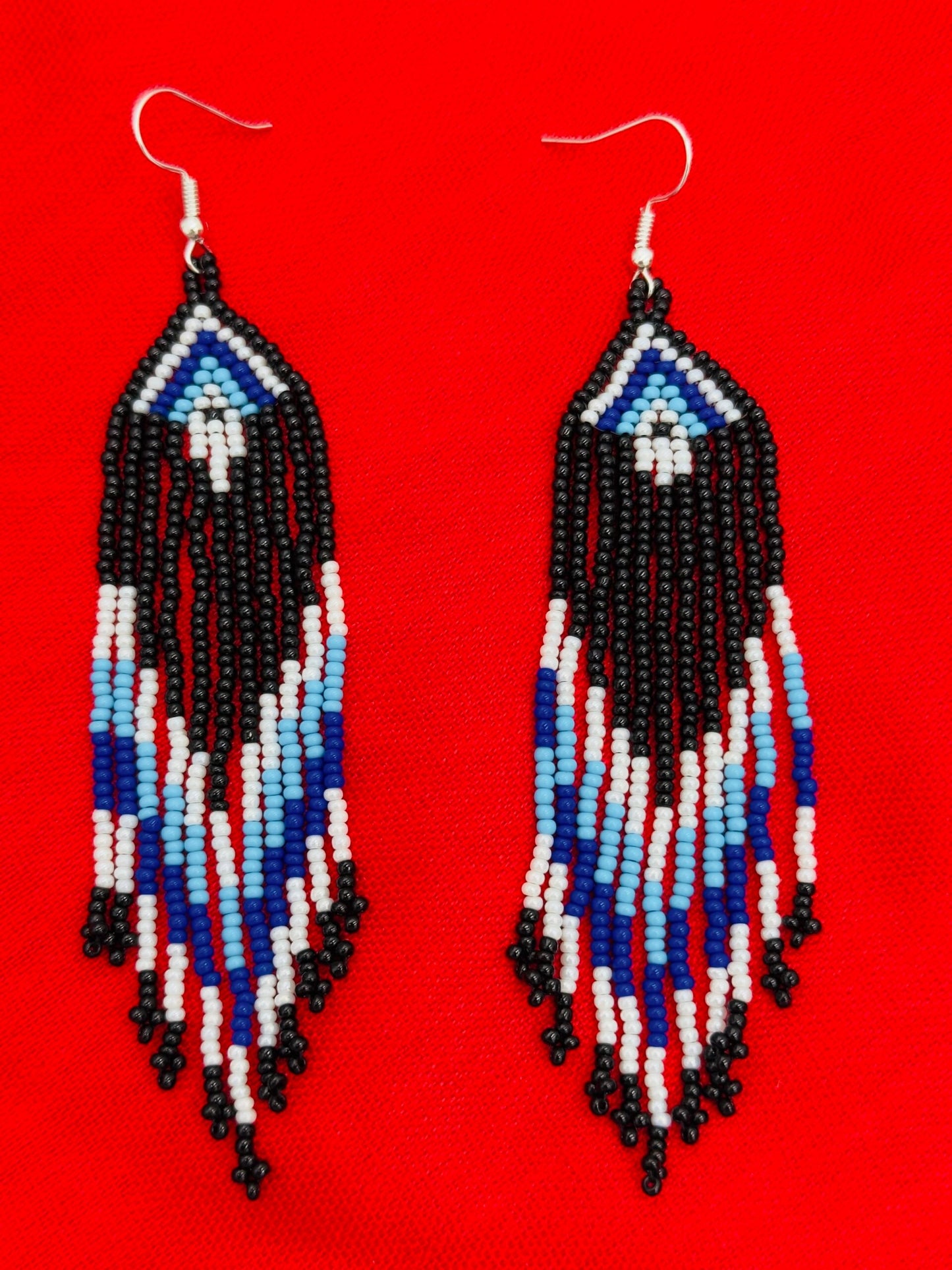 Handmade beaded Black Cyan Blue drop/dangle Hook Earrings.