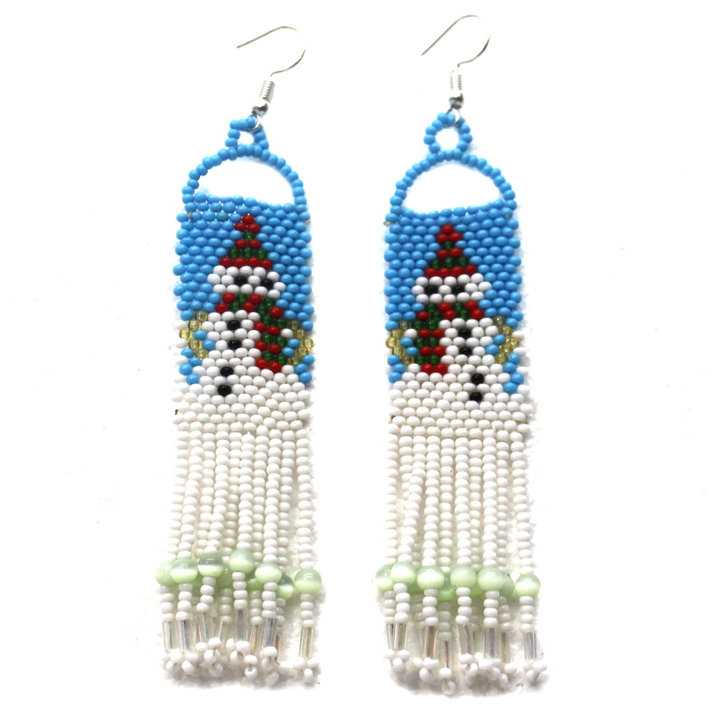 Festive Blue & White Snowman Seed Beaded Earrings