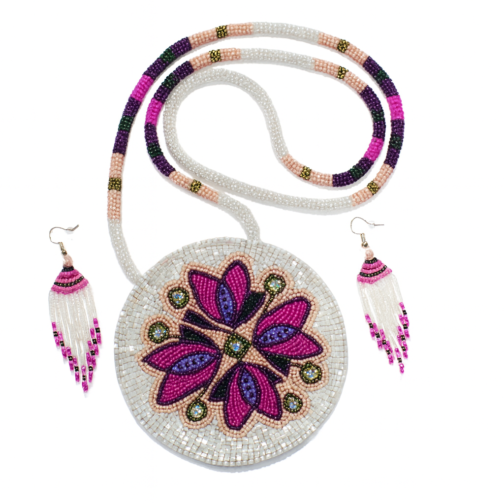 Pink Purple Floral Beaded Pendant Necklace & Earrings Set
