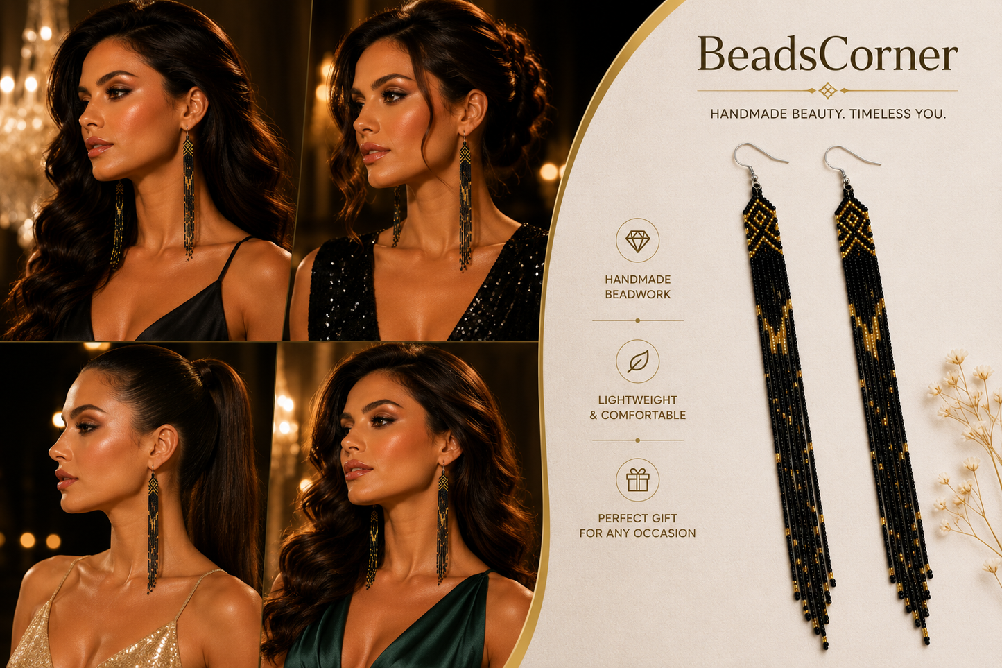 Black Golden Glass Seed Beads Beaded Extra Long Earrings 6 Inch
