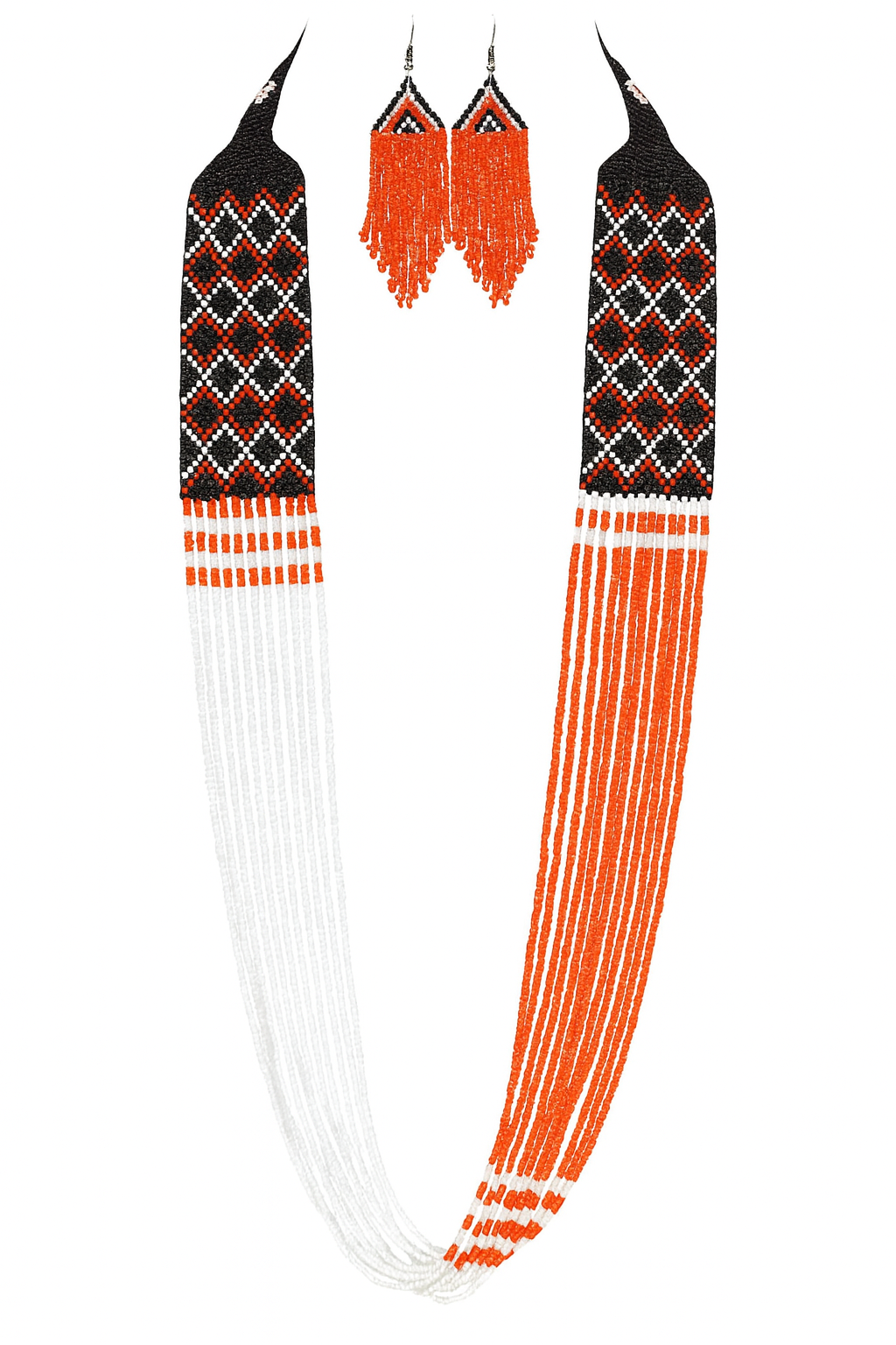 Handmade Beaded Statement Necklace & Earrings Set – Orange, Black, White