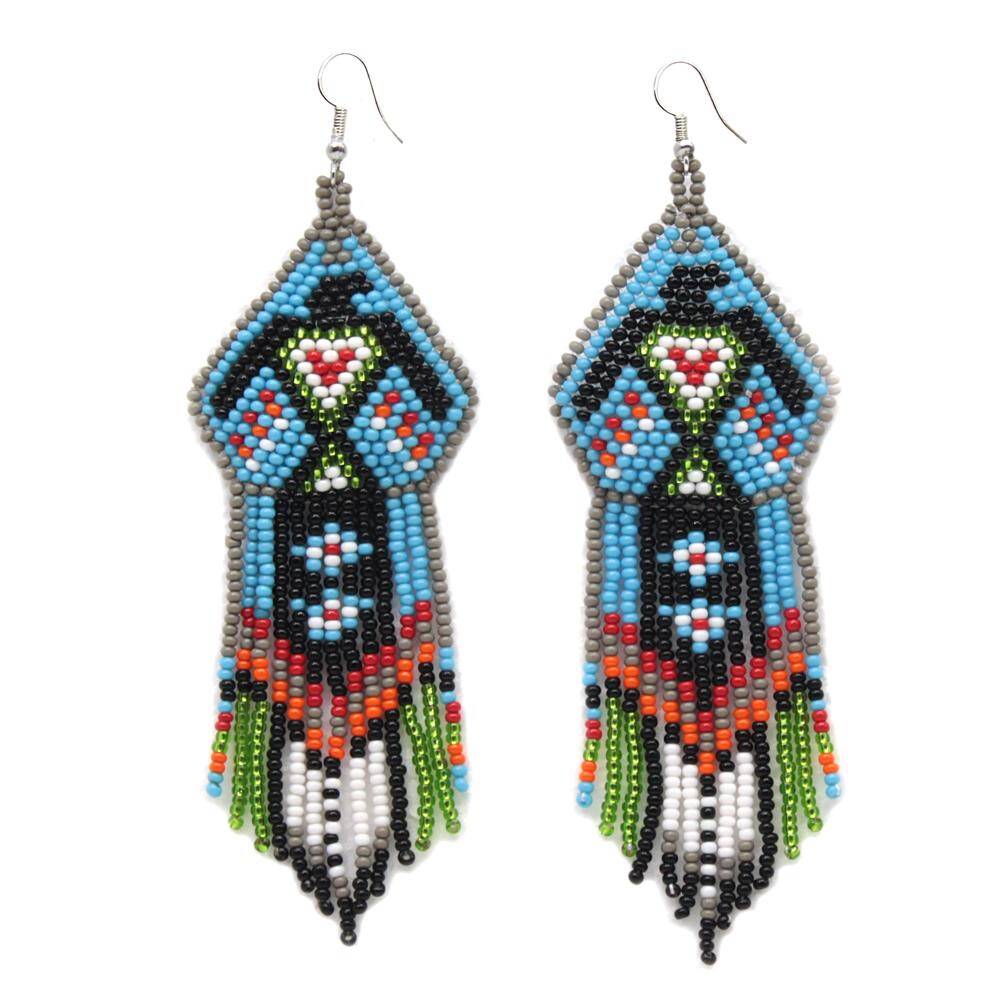 Handmade Blue Black Beaded Thunderbird Earrings