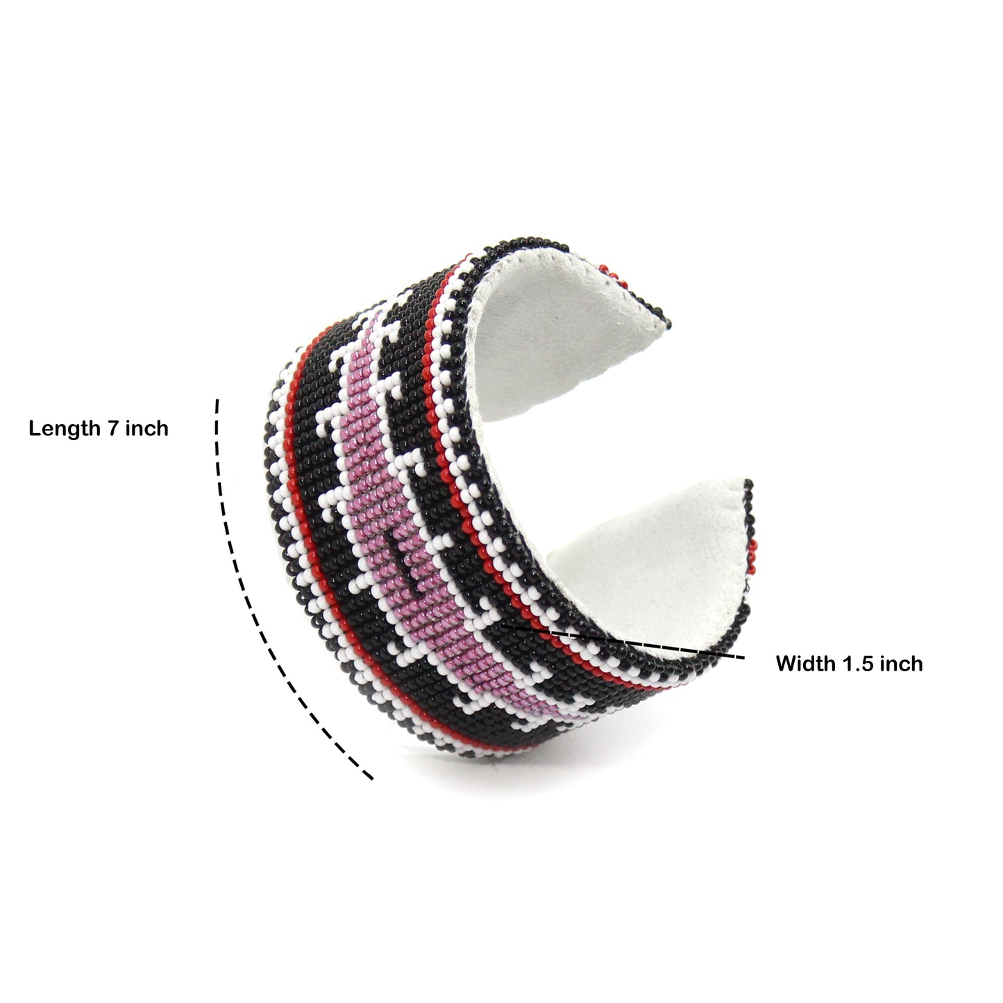 Handmade Beaded Black Pink Leather Hard Cuff Bracelet | Adjustable 1.5" Wide | Suede Back