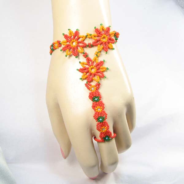 Orange Black Seed Bead Beaded Finger Bracelet Flower Beadwork