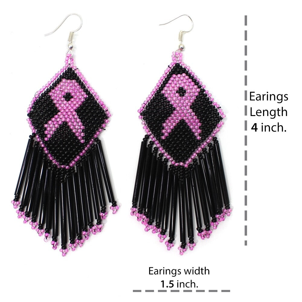 Handmade Beaded Black Pink Ribbon Breast Cancer Awareness Earrings