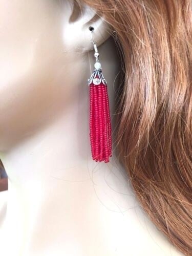 Handmade Beaded Maroon Fashion Tassel Earrings