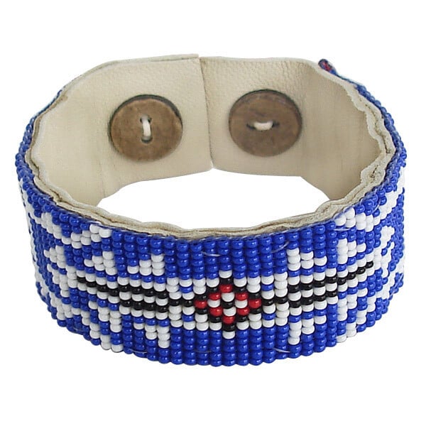 Adjustable Handmade Blue and White Seed Beaded Leather Cuff Bracelet - 8.2 to 11.4 inch Length