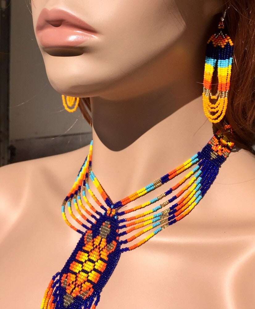 Vibrant Orange Turtle Beaded Lariat Necklace and Earrings Set