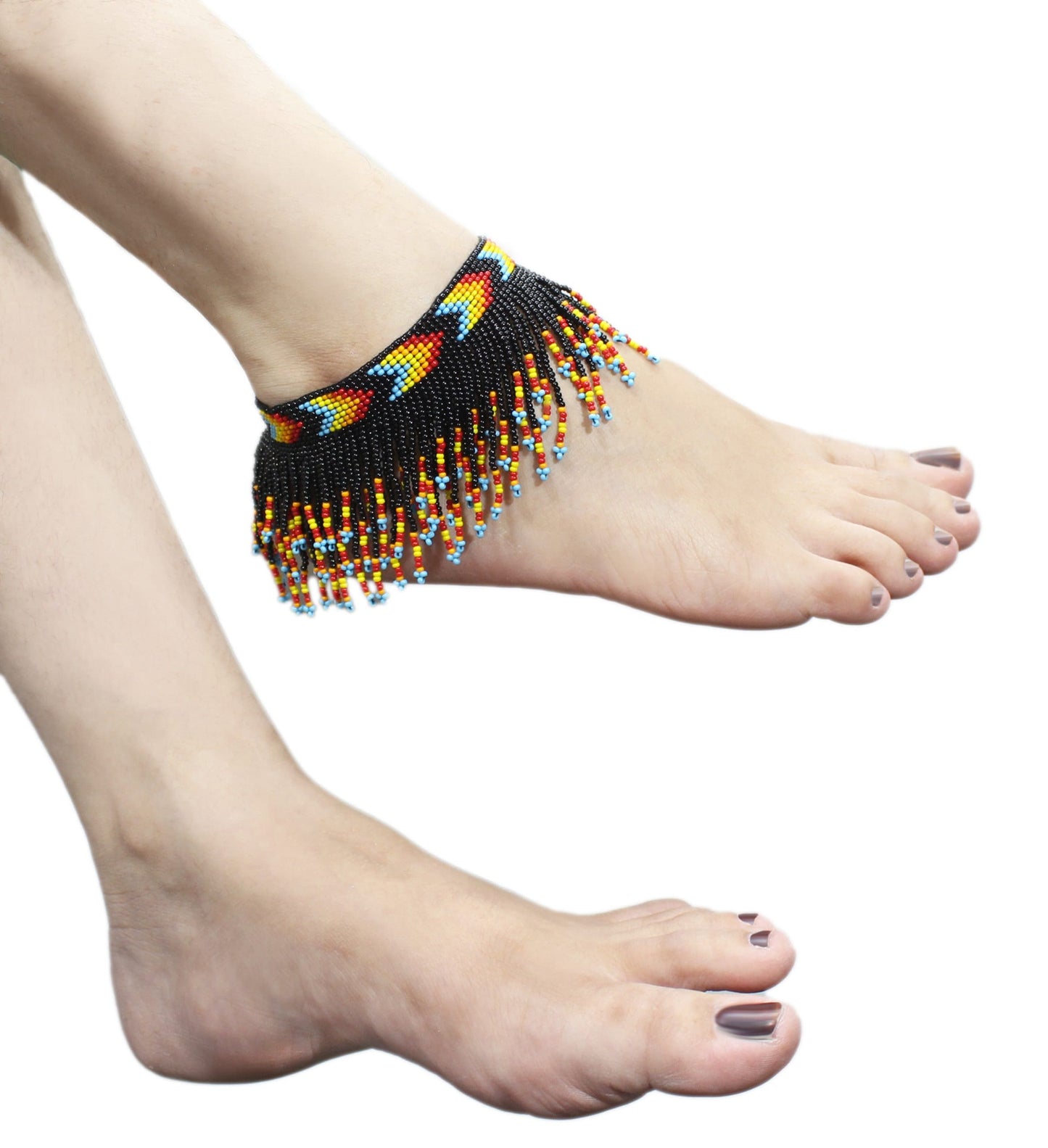 Handmade Beaded Fringe Anklet – Black Tribal Geometric | Adjustable Boho Statement Anklet