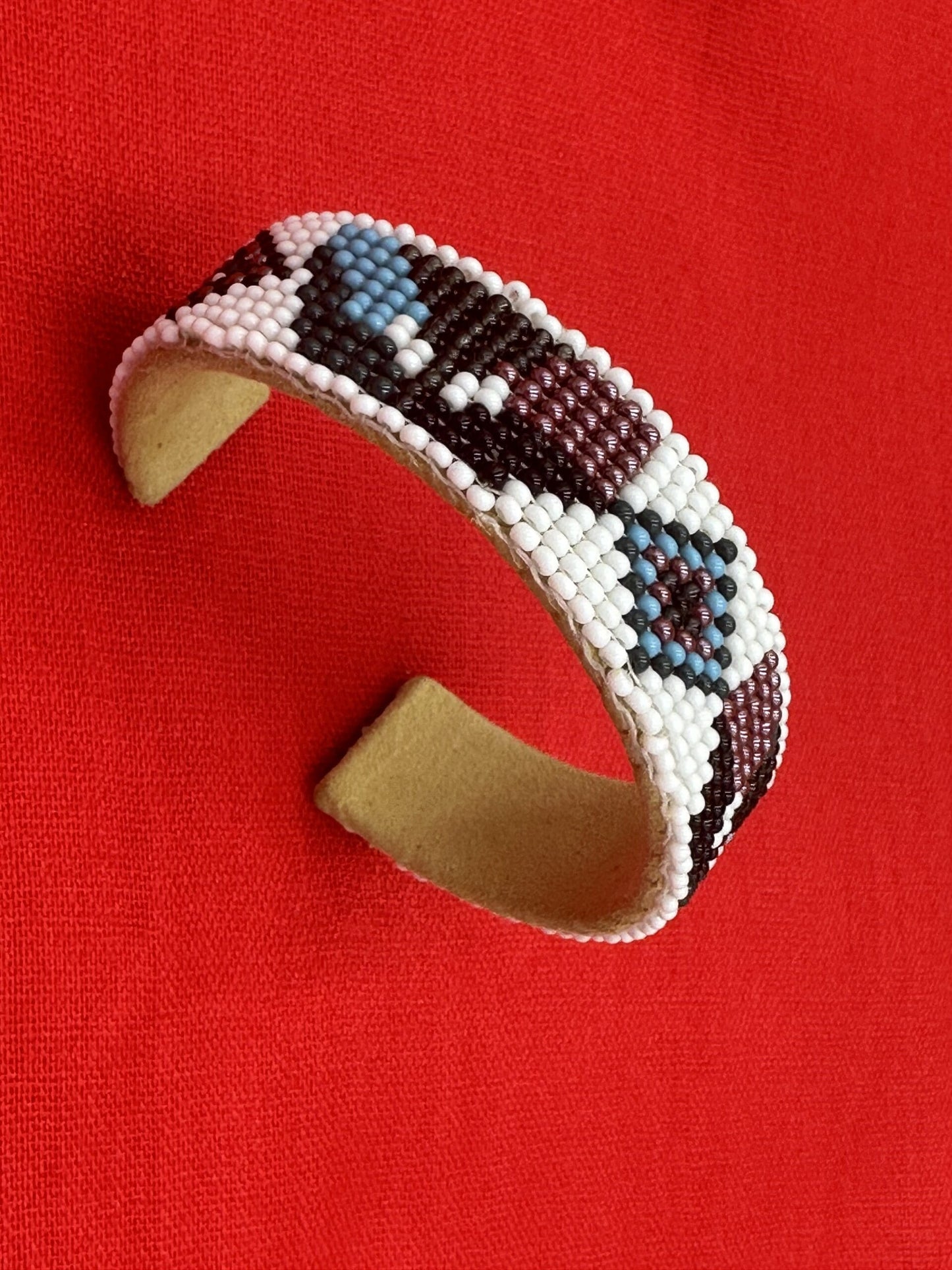 Handmade beaded White Bronze Blue cuff bracelet