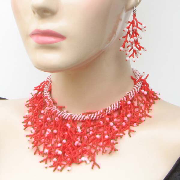 Coral Red Seed Bead Statement Necklace Set