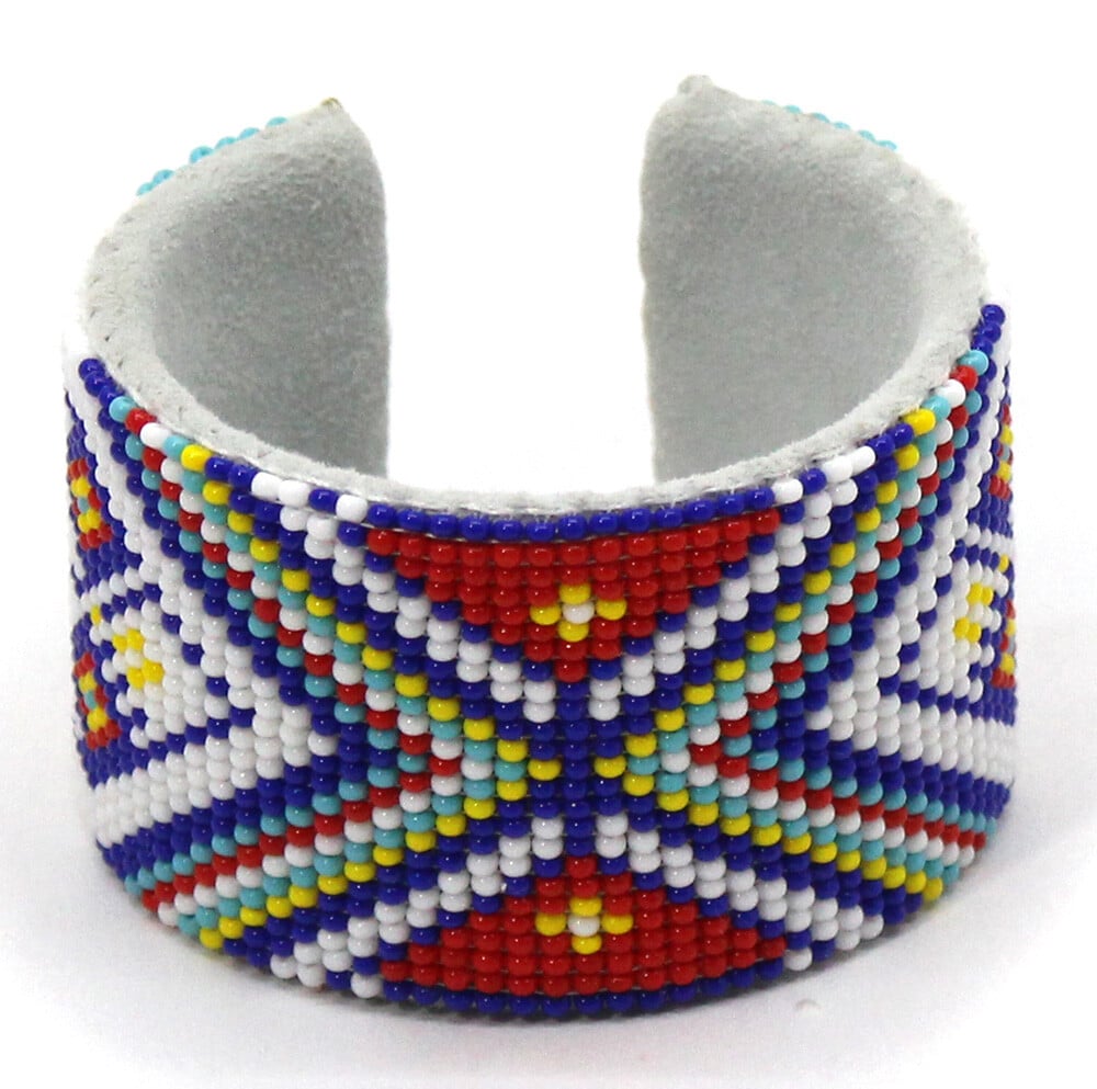 Handmade Beaded Cuff - White Red Blue Geometric Pattern - Adjustable and Bendable