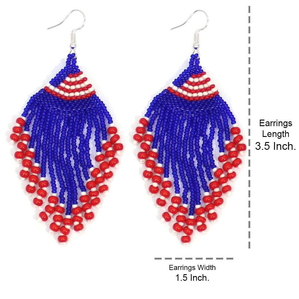 Handmade Beaded Red Blue White Patriotic Color Chandelier Earrings