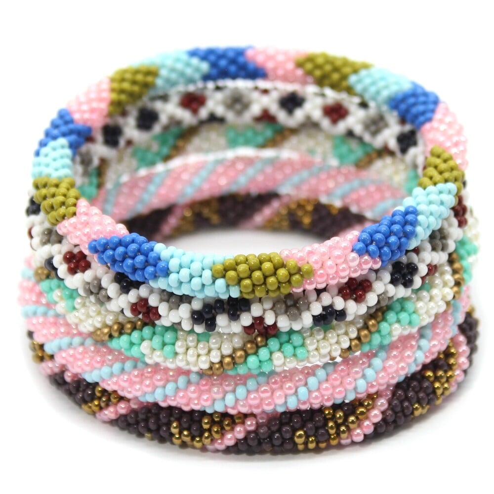 Handmade Pink Blue Cream Seed Beaded Crochet Bracelet