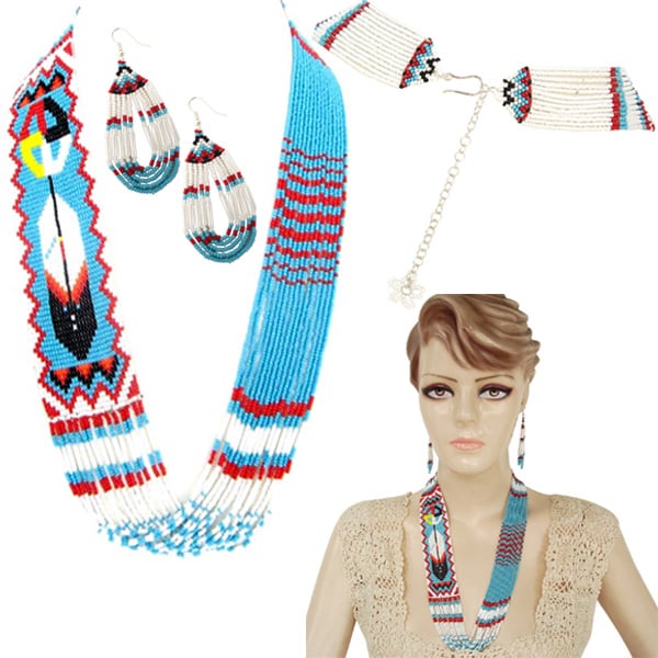 Handmade Beaded Feather Design Layered Necklace Earrings Set in Cyan Blue, White, Red, Black, Yellow