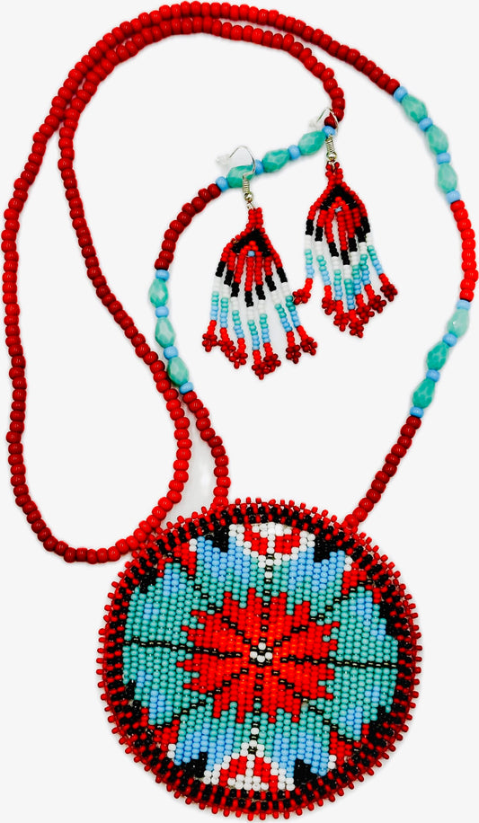 Handmade beaded Red Flower necklace earrings set