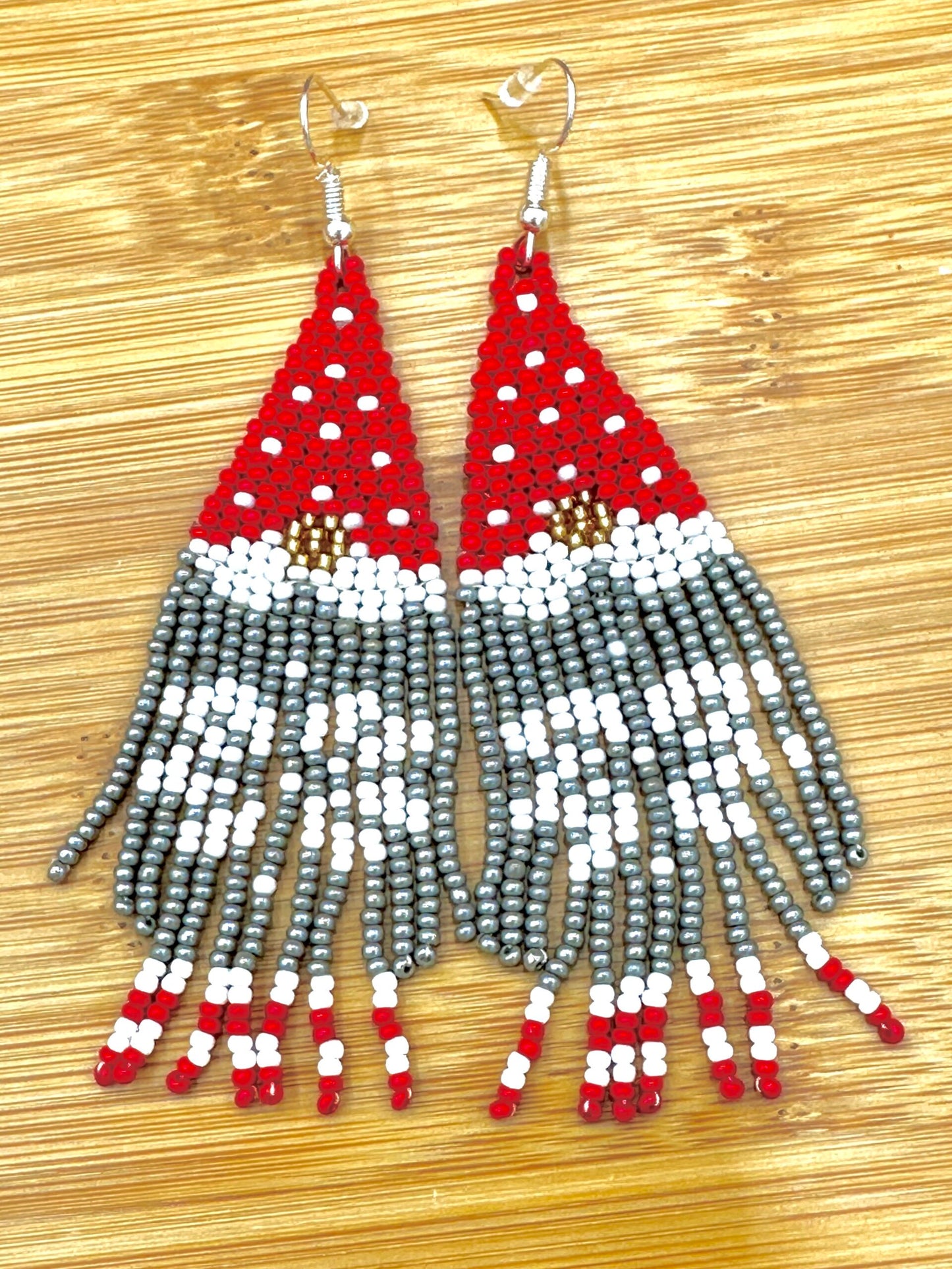 Handmade beaded Grey Red drop/dangle hook earrings