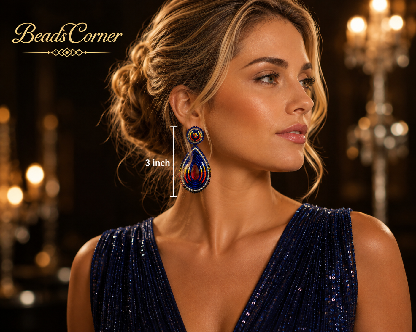 Handmade Beaded Teardrop Post Earrings with Czech Seed Beads - 3 Inches Long, 1.5 Inch Wide - Deep Blue