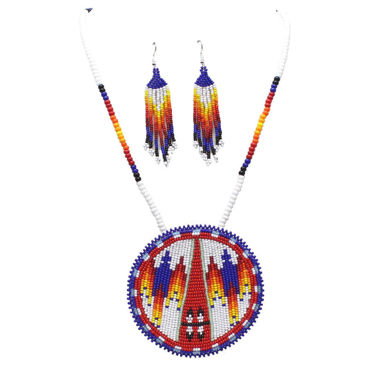 Handmade beaded White Deep blue medallion necklace earrings set
