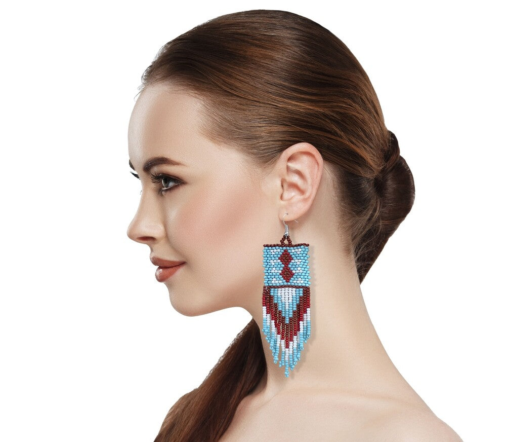 Handmade Beaded Blue Maroon Native Style Earrings