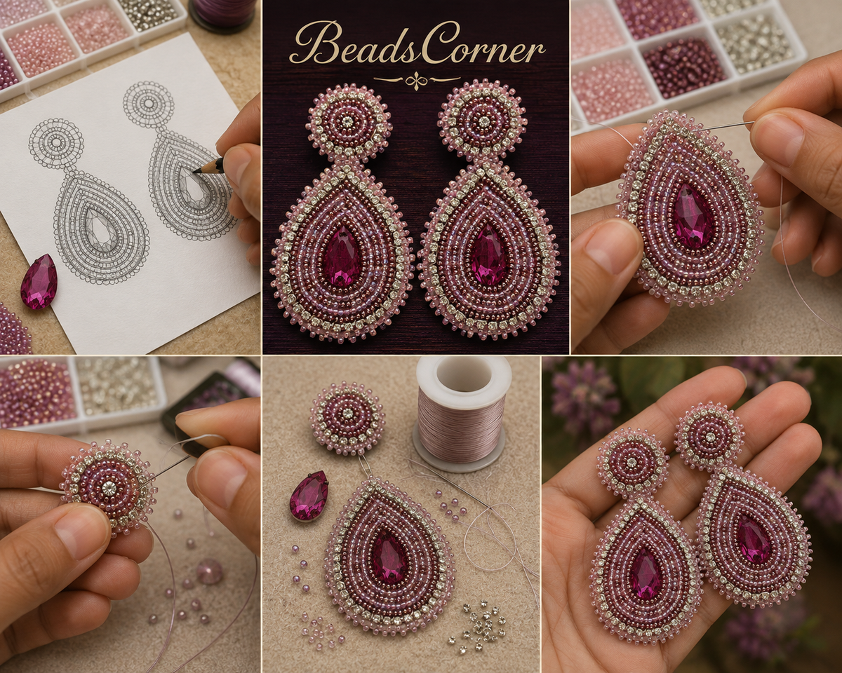 Handmade Beaded Teardrop Shape Post Earrings, 3 Inches Long, 1.5 Inch Wide - Purple