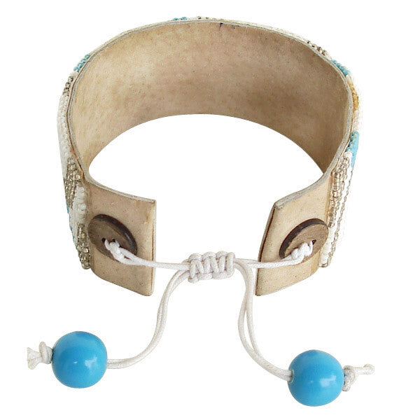 Handmade White Grey Beaded Leather Soft Cuff Bracelet | Adjustable Length | Lightweight and Stylish