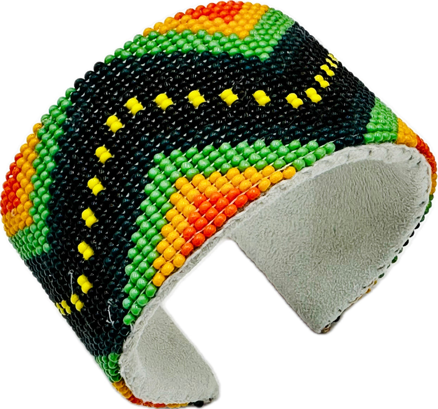 Handmade Beaded Green Orange leather hard cuff Bracelet