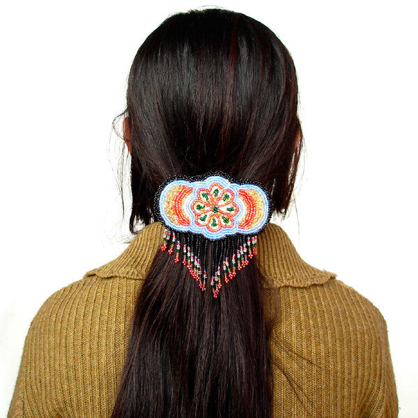 Beaded Barrette French Clip Blue Rossette Fringe Beadwork