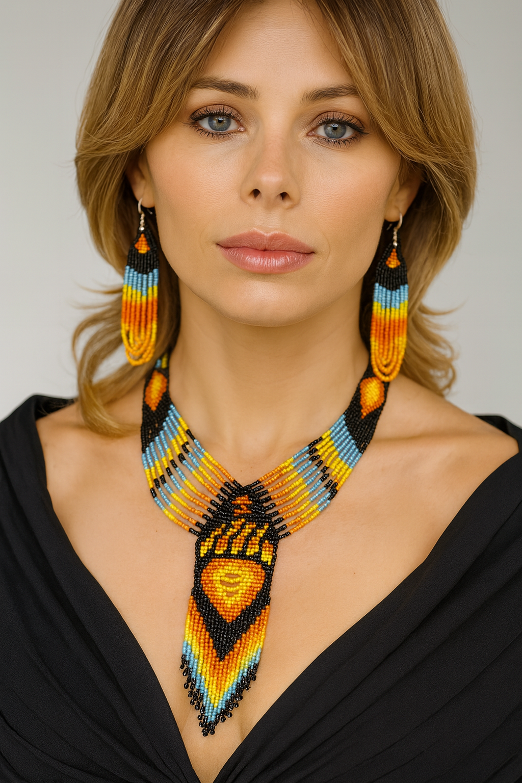 Fiery Orange Black Bear Paw Beaded Necklace and Earrings Set