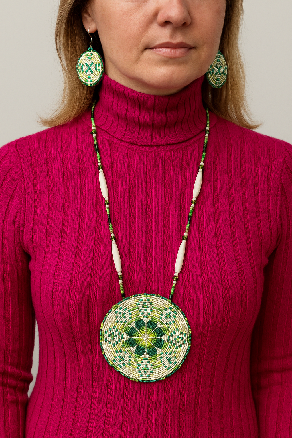 Handmade beaded 4" Green Flower/Starburst necklace Earrings set