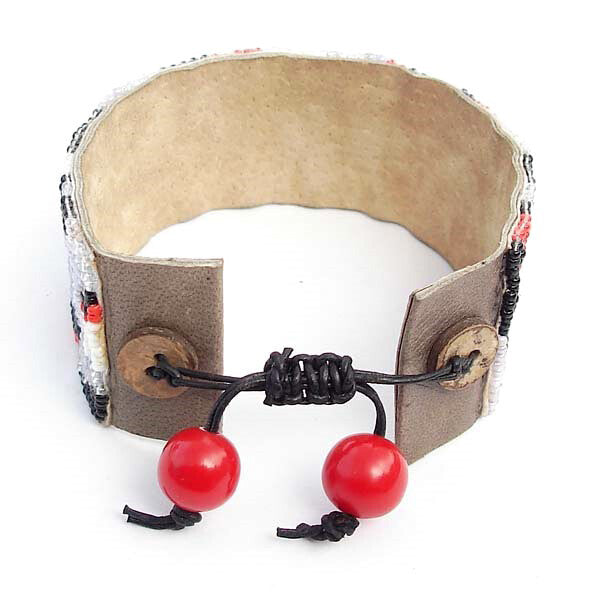 Handmade Grey Red Seed Beads Soft Cuff Bracelet Leather Bracelet