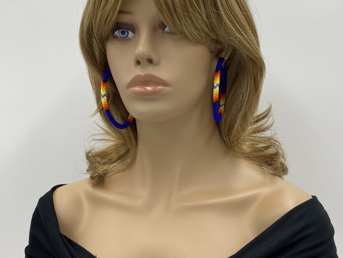Handmade Native Style 3 Inch Hoop Earrings with Czech Seed Beads - Deep Blue