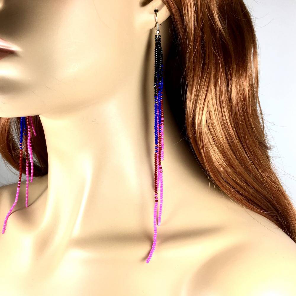 Handmade Beaded Fringe Earrings – Black, Blue & Pink Long Seed Bead Earrings (6.5 in)