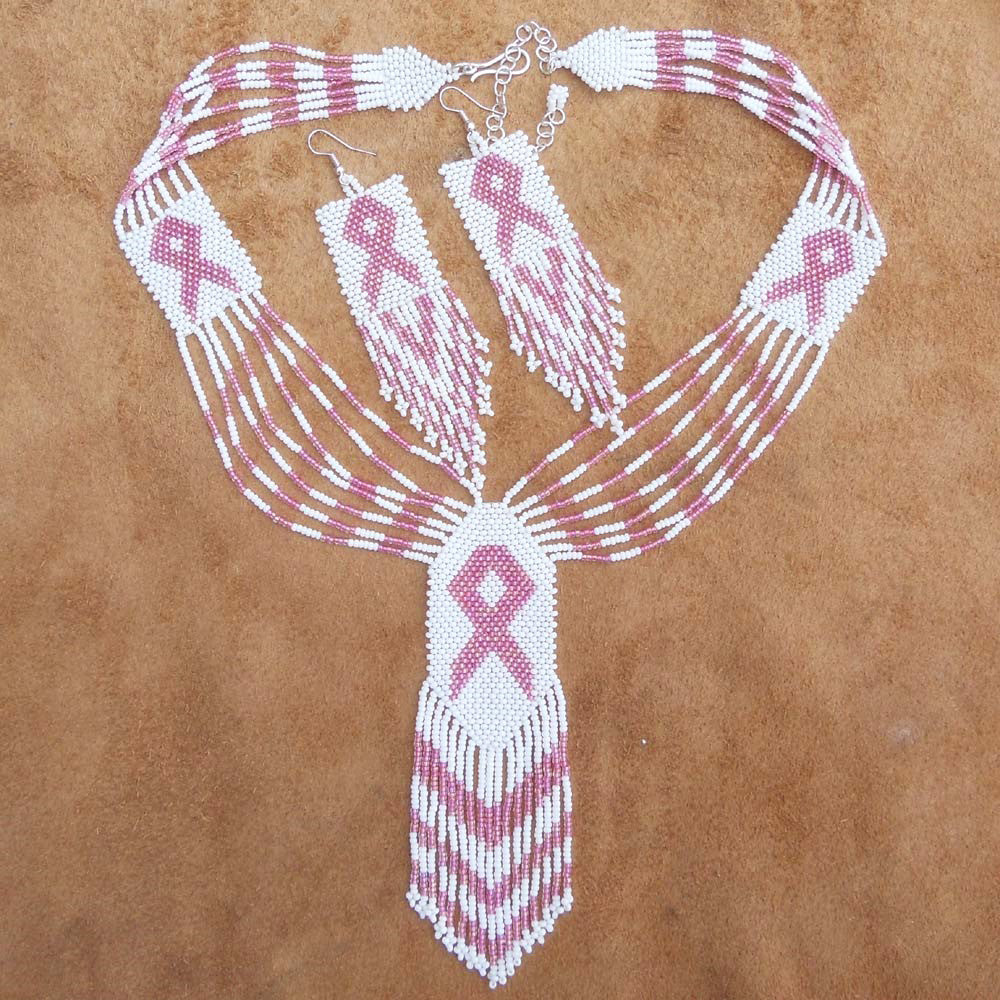 Handmade Pink Ribbon Breast Cancer Awareness Necklace Earrings Set