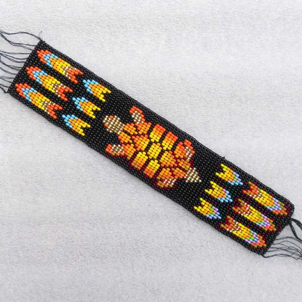 Black Fire Turtle Pattern Seed Beaded Bracelet with Wide Leather Cuff