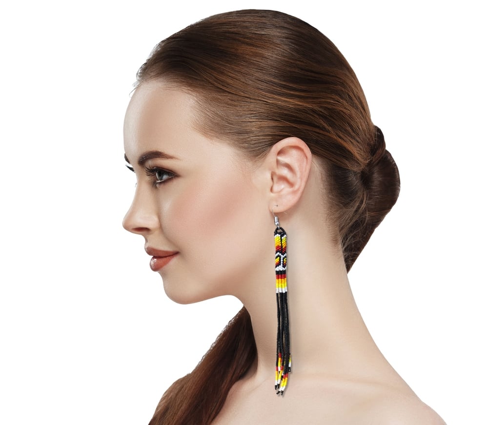 Handmade Beaded Earrings 5 Inch Long - Black