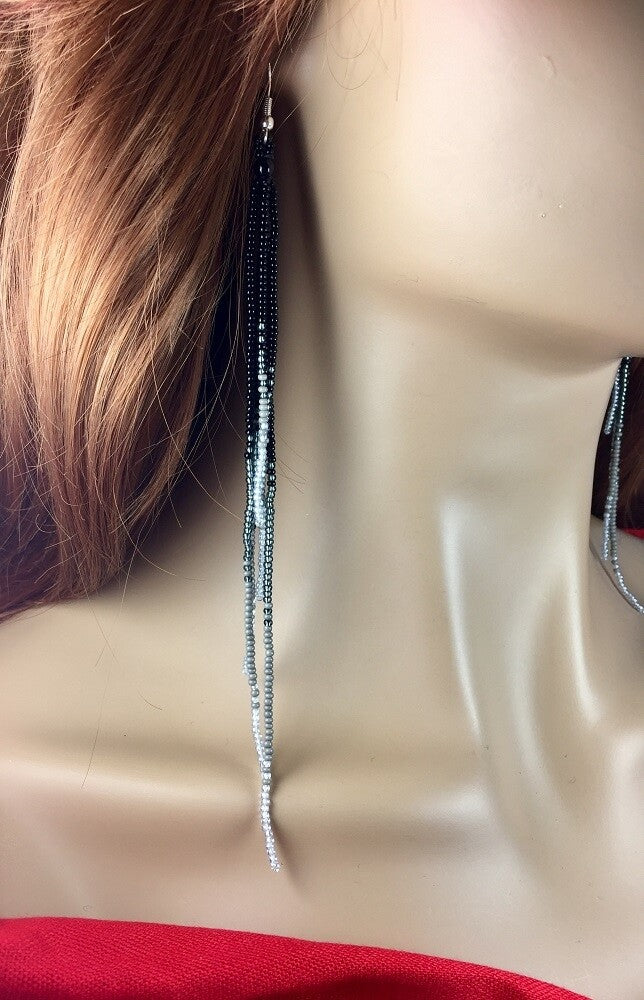 Handcrafted Beaded Black Grey Yellow Extra Long Earrings