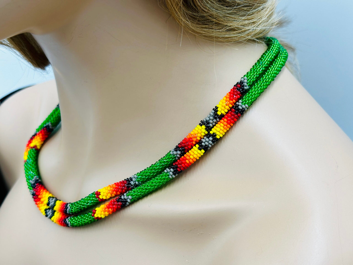 Handmade Beaded Green Rope double layered necklace