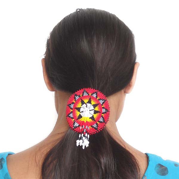 Beaded Ponytail Holder Hair Tie Red Fire Medallion Beadwork Fringe