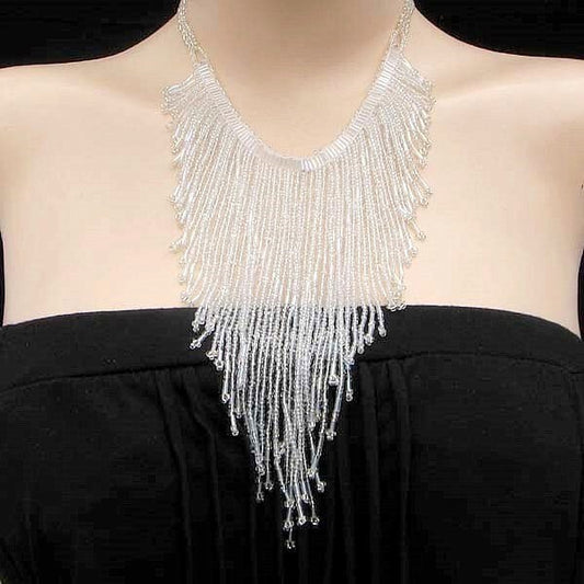 Handmade Beaded Silver Tone Seed Bead Bib Necklace
