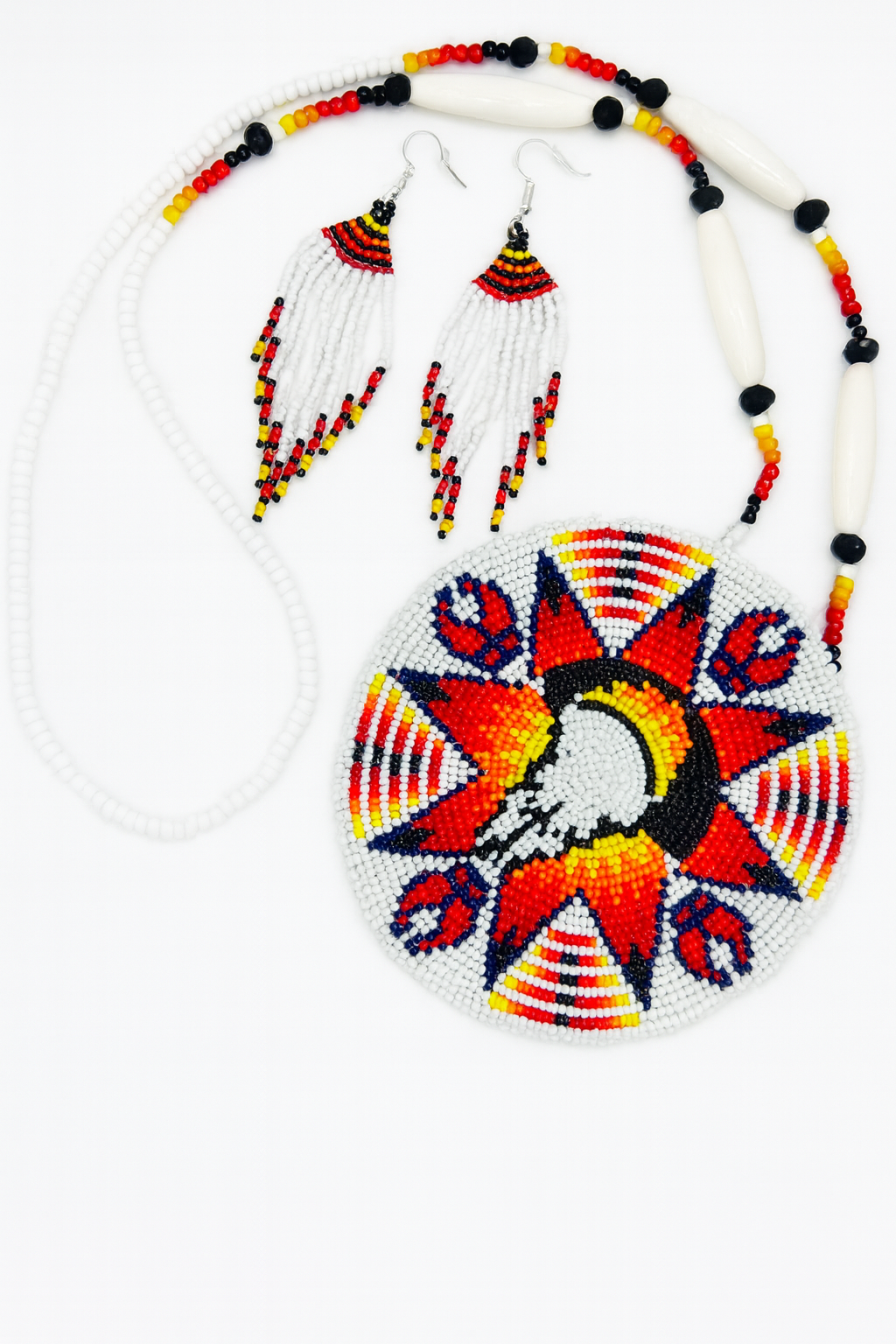 Handmade White Red Beaded Necklace Earrings Set with Pendant