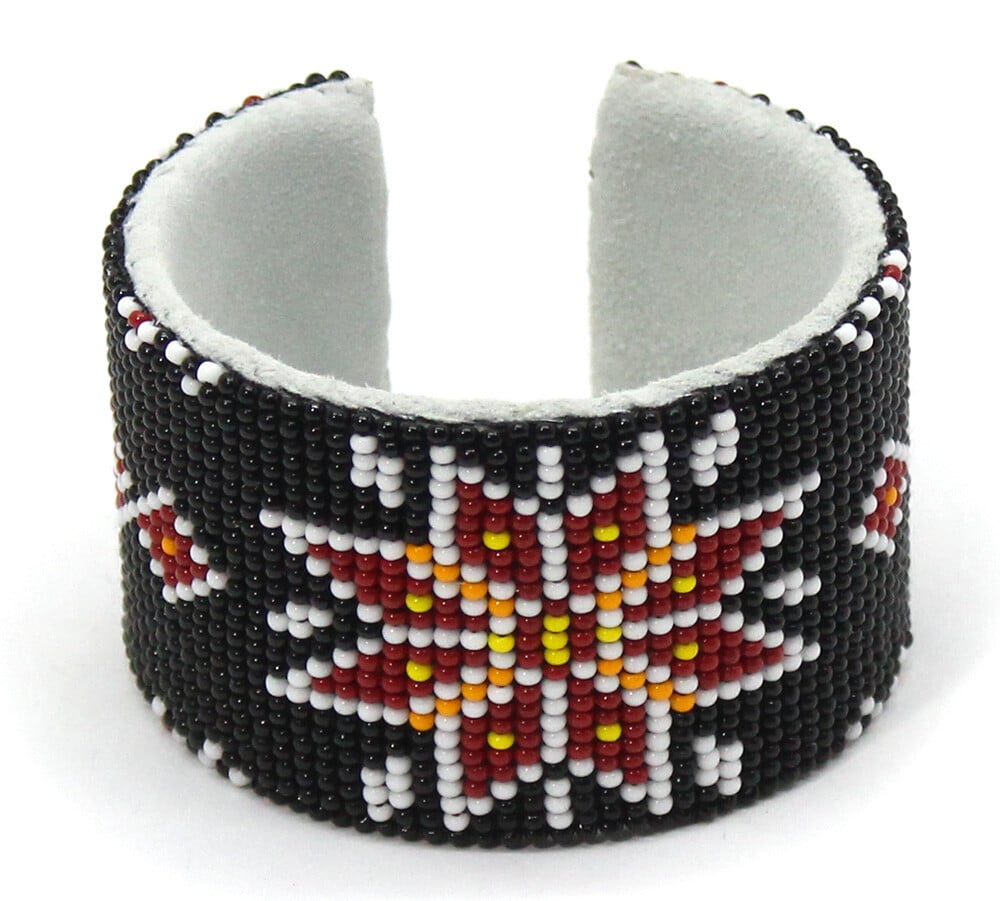 Handmade Black Red White Beaded Flower Pattern Cuff Bracelet, Adjustable and Bendable