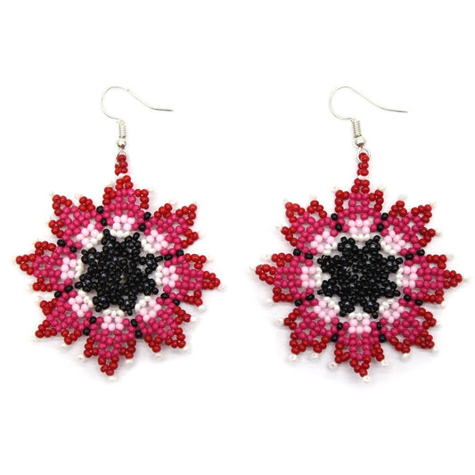 Handmade Beaded Native Style Red Pink Bohemian Flower Hook Earrings