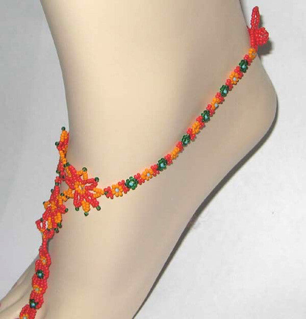 Red Yellow Seed Beads Beaded Barefoot Anklet Flower Beadwork