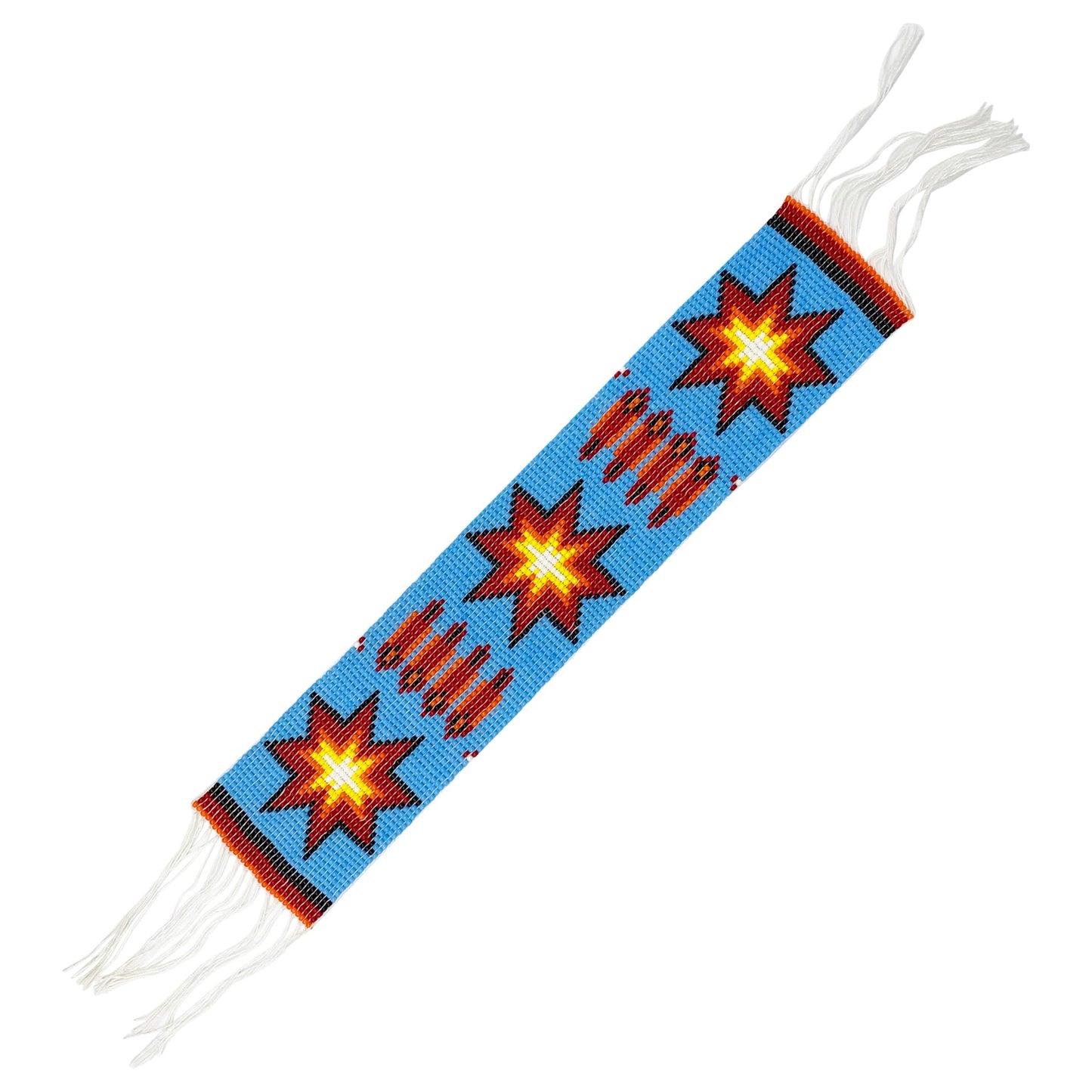 Handmade Beaded Strip on Loom, 2x10 Inches, Cyan Blue Red Black Colors