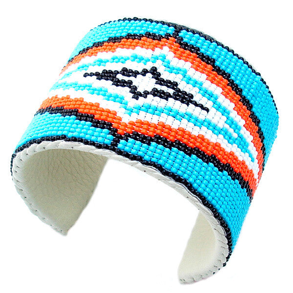 Handmade Blue Black Red Seed Beaded Cuff Bracelet Leather | Unisex Handcrafted Bracelet