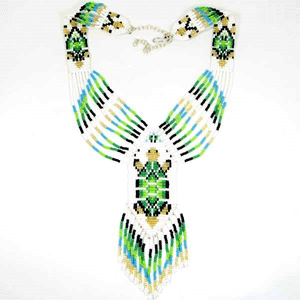 Green Golden White Seed Beaded Turtle Beadwork Necklace Earrings Set